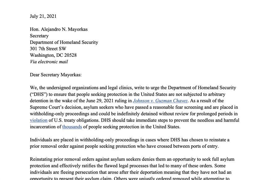 [ai] A formal letter addressed to Alejandro N. Mayorkas, Secretary of the Department of Homeland Security, discussing asylum policies and concerns regarding improper detention of individuals seeking protection in the U.S.